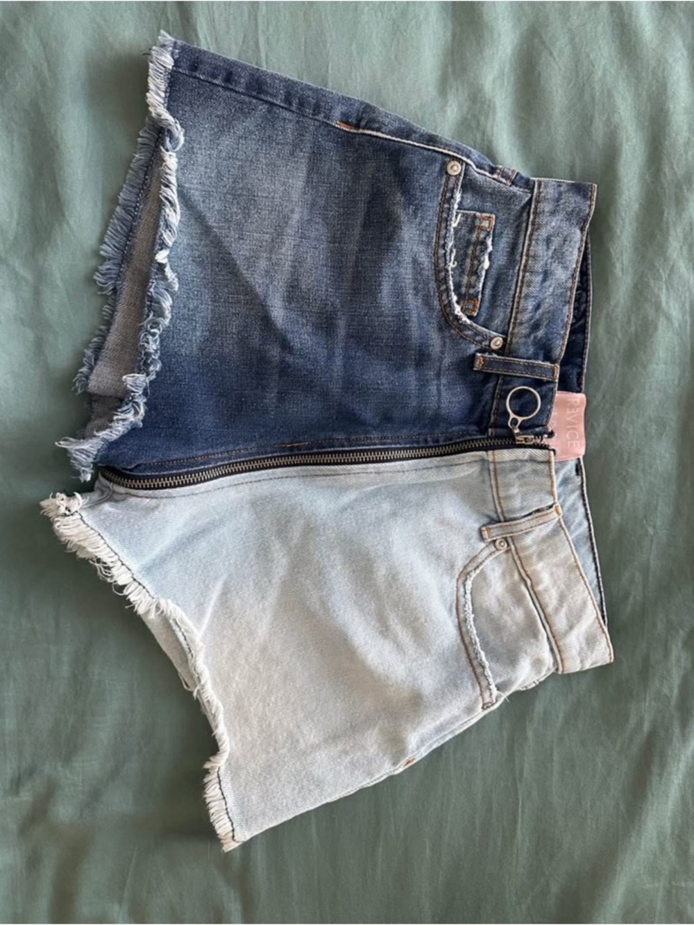 Two-tone REVICE Yin Yang style denim full zip shorts
